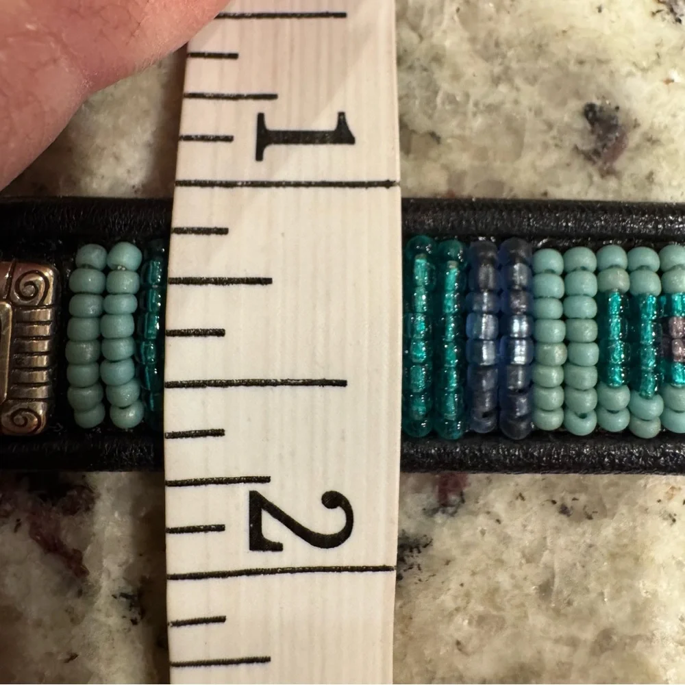Brighton Black Leather Belt Silver Buckle Aztec Bead Square Design Pink Teal Med